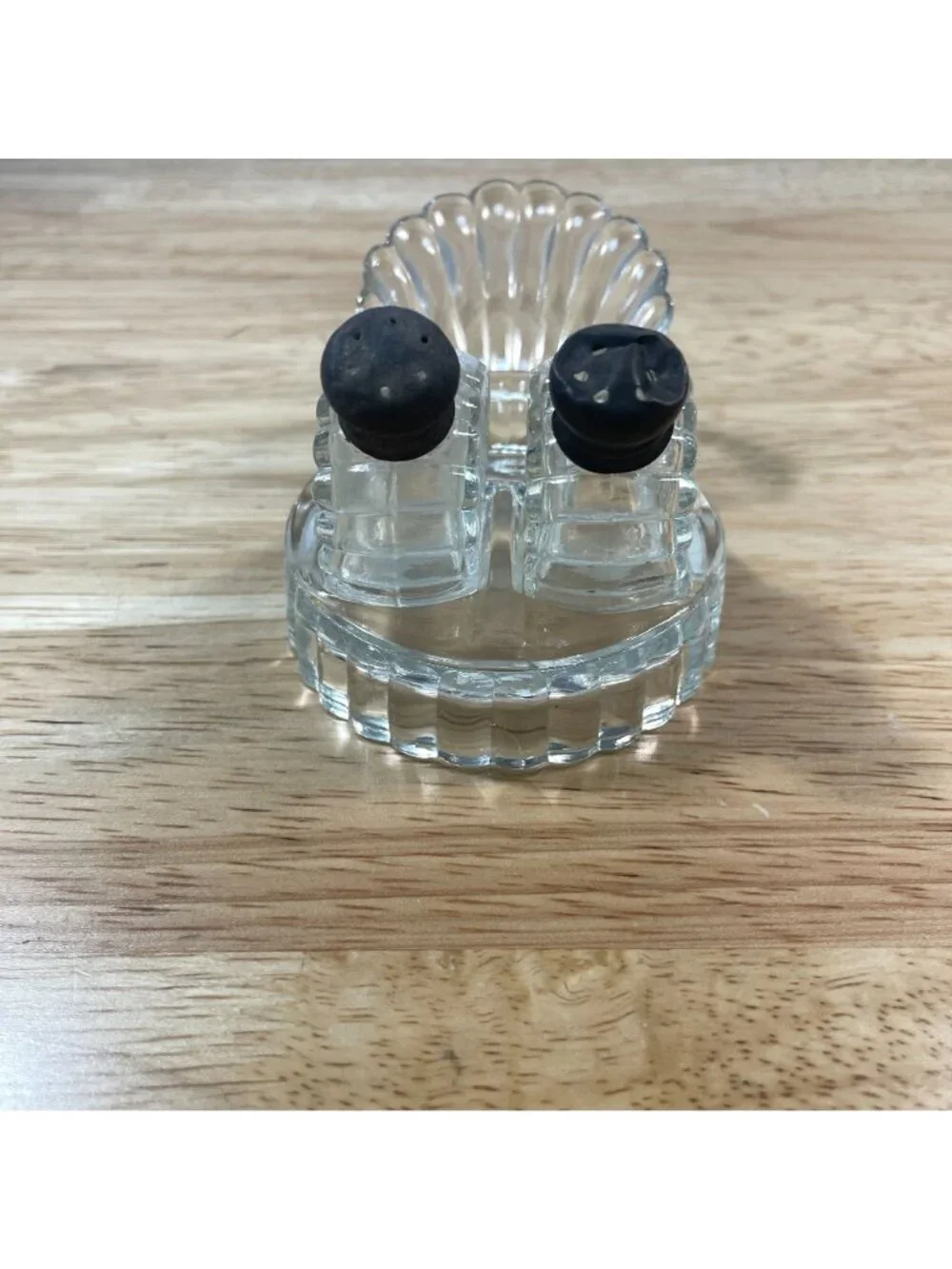 Vintage Mini Art Deco Clear Glass Salt and Pepper Shakers with Seashell Holder